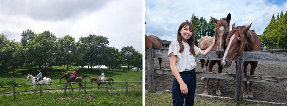 大自然の中で18頭の馬を飼育している『エル・ランチョ・グランデ』。約30分の「ミニロングコース」ではやまなみハイウェイまで出てまっすぐな一本道を壮大な山を見ながらお散歩。自然の中で乗馬を楽しめる一番人気のコースです。そのほか手軽に乗馬を楽しめる「ミニ遠乗りコース」や馬のエサやり体験も好評です。<br>