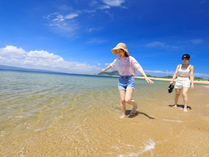 <font color="#800080"><strong>姫島海水浴場</strong></font>（姫島村）<br>ビーチハウス、シャワー、トイレ、ロッカーが完備された、弓上に弧を描く500mの海岸で、島内で最も美しいビーチだと言われています。ビーチにはキャンプ場が併設していて、バンガローなどもあるので家族や友だち同士など、大人数でも楽しく遊ぶことができます。<hr><span style="font-size:14px;"><strong>【DATA】</strong><br />住所／東国東郡姫島村<br>電話／0978-87-2279(姫島村役場 水産・観光商工課)<br>駐車場／32台<br>交通アクセス／姫島港から徒歩約15分<br ><a href=" https://www.himeshima.jp/kankou/leisure/beach/ " target="_blank"><font color="#0033ff">詳細はこちら</font></a></span><br><br>