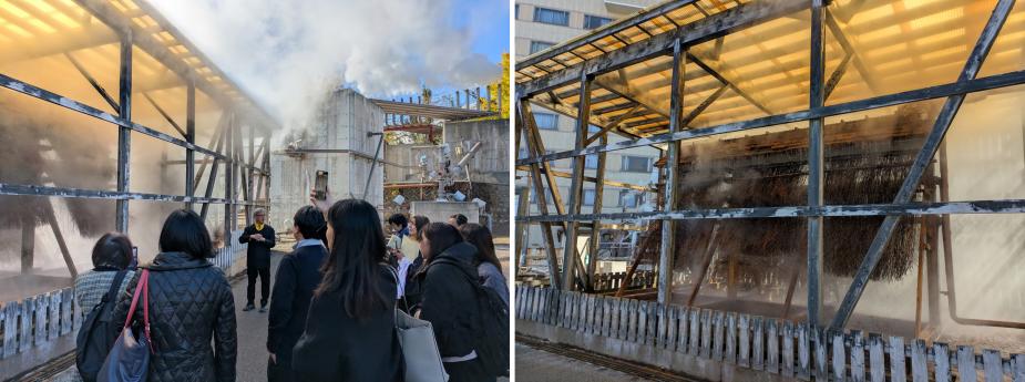 <span style="font-size:14px;">二湯目の入浴前に、源泉を加水せずに冷却する竹製温泉冷却装置「湯雨竹®（ゆめたけ）」を見学しました。<br>この装置は、100℃ある源泉を竹枝を伝わらせて水滴状にすることで温度を下げていくもので、これにより源泉100％かけ流しの温泉が楽しめます。</span><br><br>