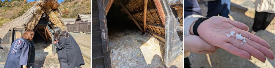 <span style="font-size:14px;">この日は特別に「湯の花小屋」の中を見せてもらえました。<br>覗いてみると中はとってもあたたかく、一面に「湯の花」が広がっていました。<br>「湯の花」は1日1mm程度成長するそうで、40～60日かけて職人が手作業で採取します。<br>丁寧に採取した「湯の花」は、まるで綿のようにふわふわしていました。<br>このふわふわの湯の花が、「薬用 湯の花」になります。<br>※通常は「湯の花小屋」の扉を開けることはできません。「薬用 湯の花」の製造工程は、見学用の「湯の花小屋」で見ることができます。</span><br><br>