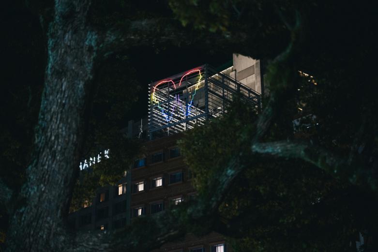 <span style="font-size:12px;"><font color="fffffff">海門寺公園から見上げた『別府の天使』。日没から23時まで見ることができます。<br> <br> 実は、サルキスと別府のまちは以前からつながりがあるといいます。2009年に開催された「混浴温泉世界」という芸術祭の第１回目にサルキスが参加しており、彼の作品に携わったボランティアスタッフをサルキスは「エンジェル」と呼び、現在も交流があるのだそう。<br> <br> 近くからじっくり見上げるのもいいですが、まちを歩きながら、ビルの隙間から見え隠れする作品を見つけるのも一興。まちの風景に溶け込んでいるので、「あ、ここからも見える！」なんてポイントを探しながら散策するのも楽しそうです。</font></span><br><br>