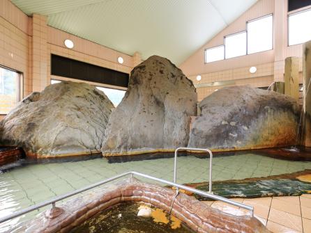 大きな岩に圧倒される大浴場は温泉と薬湯の両方を楽しめる
