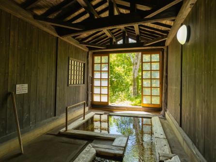 趣向の異なる貸切湯３つのうち「さえずりの湯」。温泉の効能は神経痛や疲労回復など
