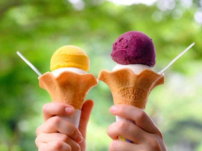 ▲「手作りアイスクリーム」400円。1段目は「みる く」、2段目はお好みのフレーバーで