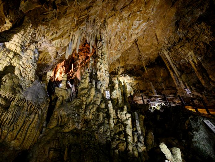 ▲通路を進むと「竜宮城」と名付けられた神秘的な石筍群（せきじゅんぐん）たちが現れます