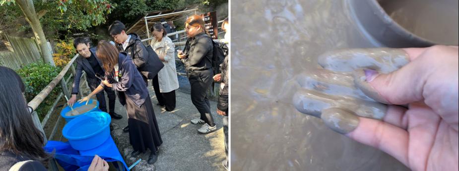 <span style="font-size:14px;">『天然坊主地獄』には、隣接して「鉱泥（こうでい）温泉」があります。<br>「鉱泥」とは、天然坊主地獄から湧き出る熱泥で、温泉成分を含んでいます。<br>その効能の良さから、戦後、傷病兵にこの泥を温湿布にして治療していたそうです。<br>「鉱泥温泉」は衛生管理を徹底しており清掃に時間がかかるため、午前中のみの営業なので体験することはできませんでした。<br>この日は特別にタライに入れた「鉱泥」を用意していただき、実際に触って体感しました。<br>「鉱泥」はとっても熱くて、寒い日でしたが最後まで冷めることなく熱いままでした。肌触りはツルリとした感触でとっても気持ちよく、空気にふれるとだんだん乾いてきて、それを洗い流すとビックリするくらいツルツルになりました。<br>次はぜひ、実際に浸かってみたいと思います。</span><br><br>