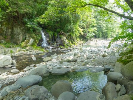 男性露天風呂の最下段は河畔にあり、川に浸かっているよう