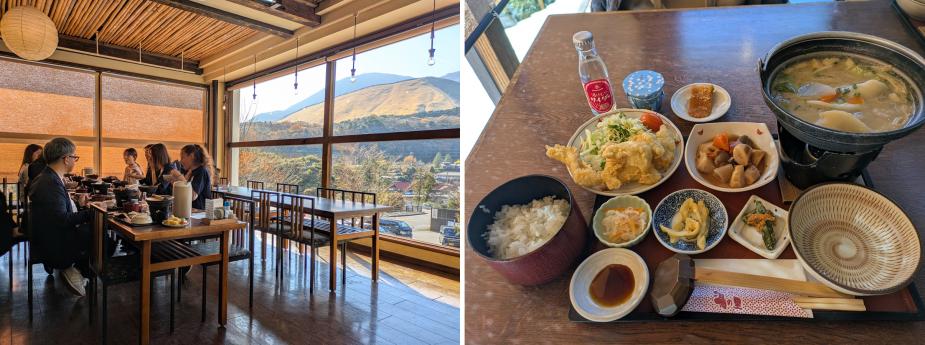 <span style="font-size:14px;">このツアーの楽しみの一つでもあった、昼食タイムです。<br>『みょうばん湯の里』には、雄大な扇山や風情ある湯の花小屋を眺めながら食事が楽しめる展望レストランがあります。<br>この日は、団体用のメニュー「だんご汁&amp;とり天定食」をいただきました。<br>アツアツのだんご汁にとり天、酢の物、五目煮、小鉢、ご飯、漬物、やせうま、温泉蒸したまごが付いていて、大満足の内容でした。<br>一般の方も味わえるメニューは、だんご汁定食やとり天定食、とり天カレー、ぶっかけうどん定食などがあります。</span><br><br>