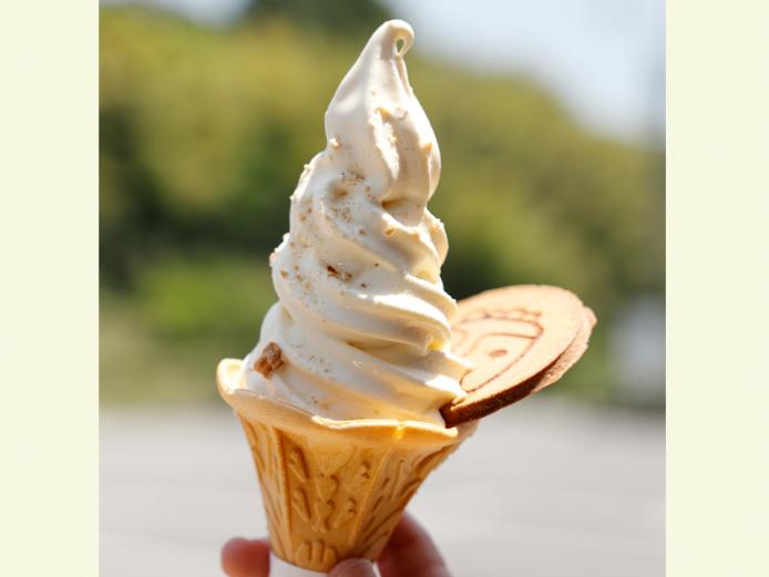 ▲臼杵煎餅がのった「臼杵せんべいソフト」は400円。ピリリと効いたショウガが大人の味☆